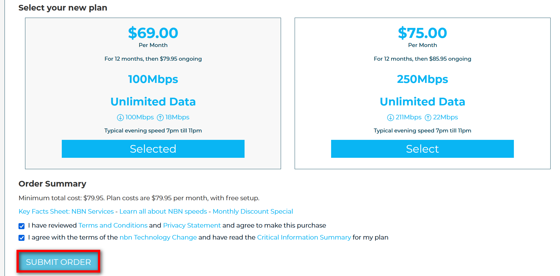 submitting an order for your nbn upgrade