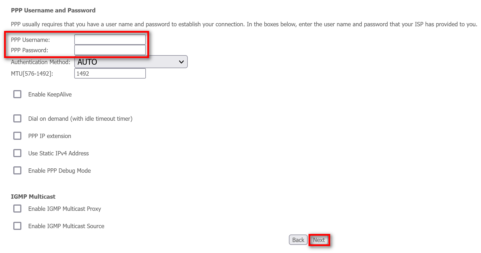 User and Password form for PPP