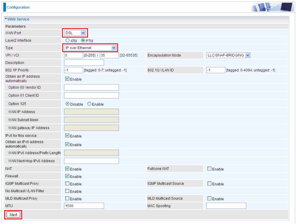 WAN service settings for DSL