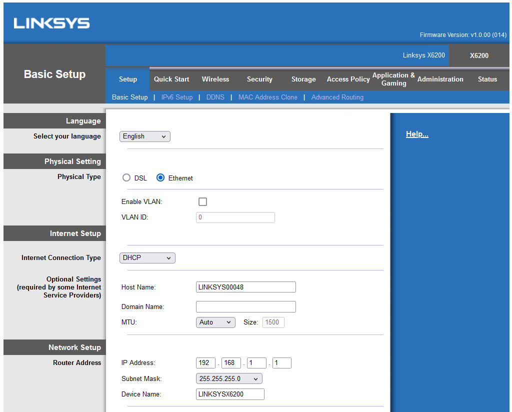 setup page for FTTP FTTC HFC FW