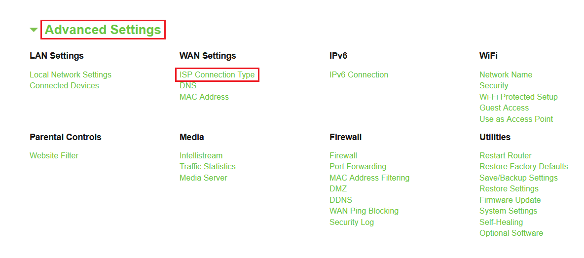 advance settings dropdown menu