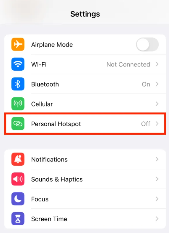 personal hotspot tab button