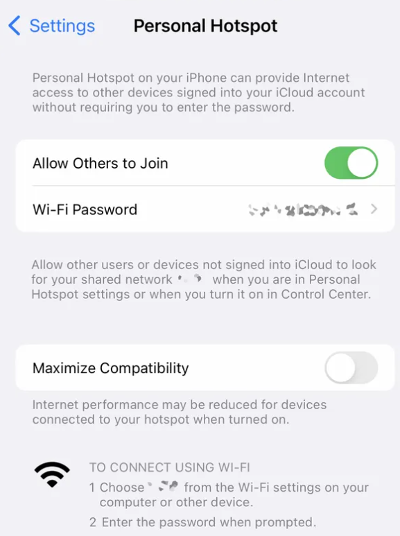 personal hotspot settings page