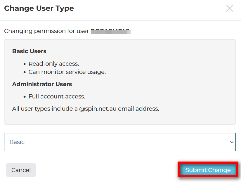 submit button for user type change