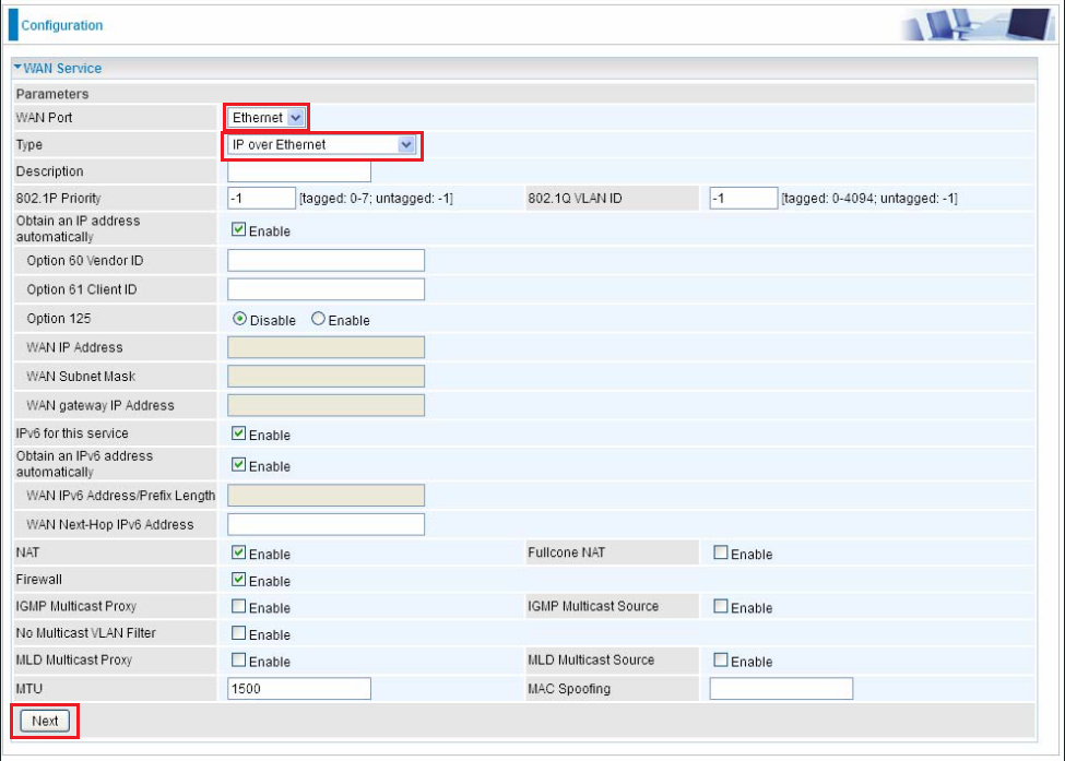 WAN service settings for ethernet