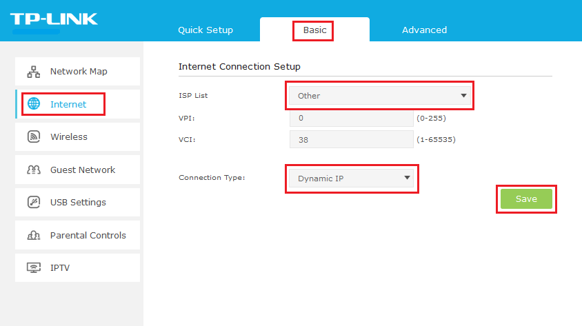 basic internet settings dynamic IP