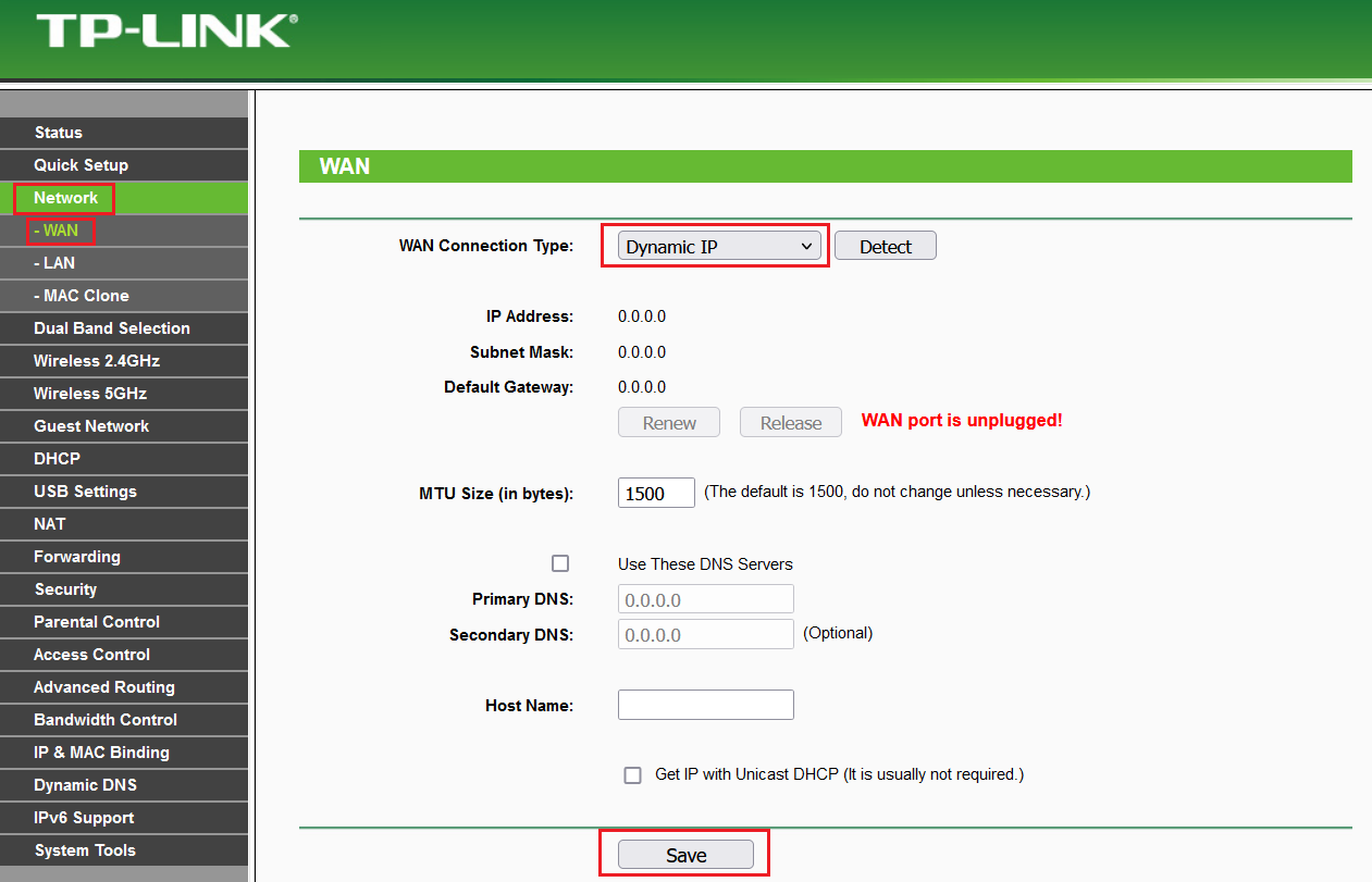 Network WAN settings page 