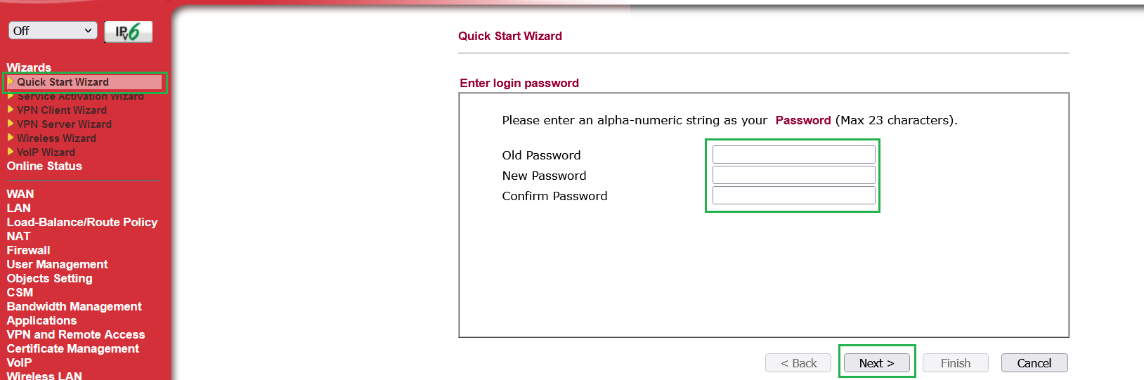 password setup window