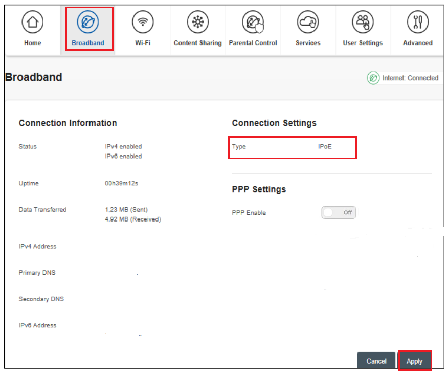 Broadband connection settings type