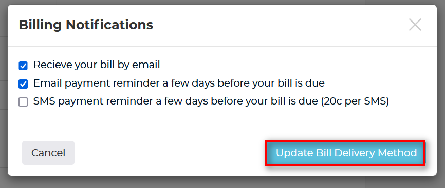 update bill delivery method menu