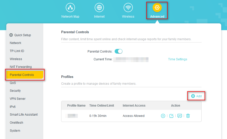 modem advanced and then parental controls