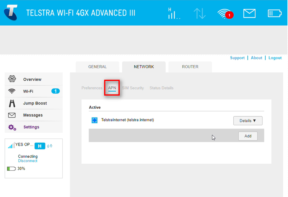 APN section within the networks settings tab