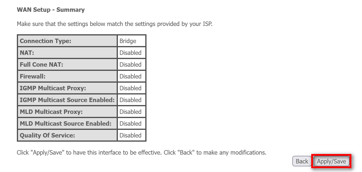 Summary Page of Settings chosen