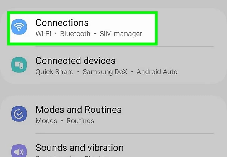 connections/network tab on device